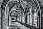 A black and white fine art photo of Rockefeller College cloister on the campus of Princeton University, New Jersey