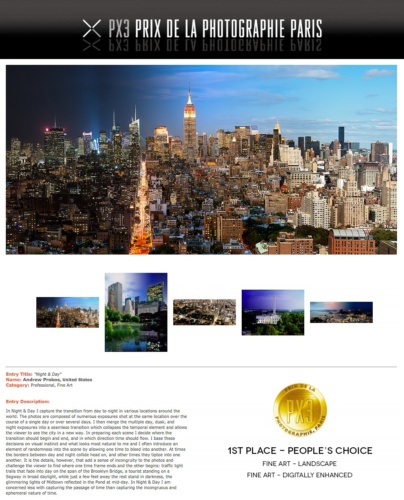 Photographer Andrew Prokos's series "Night & Day" won two gold medals at the Prix de la Photographie (Px3) competition in Paris. The series placed first in two professional categories, Fine Art - Landscapes and Fine Art - Digitally Enhanced