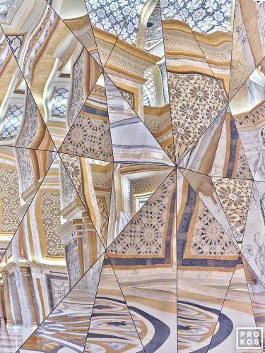 Reflections of an ornate palace interior on a mirrored wall, Qasr al Watan, Abu Dhabi, United Arab Emirates