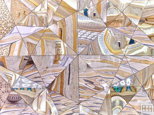 Reflections of an ornate palace interior on a mirrored wall, Qasr al Watan, Abu Dhabi, United Arab Emirates