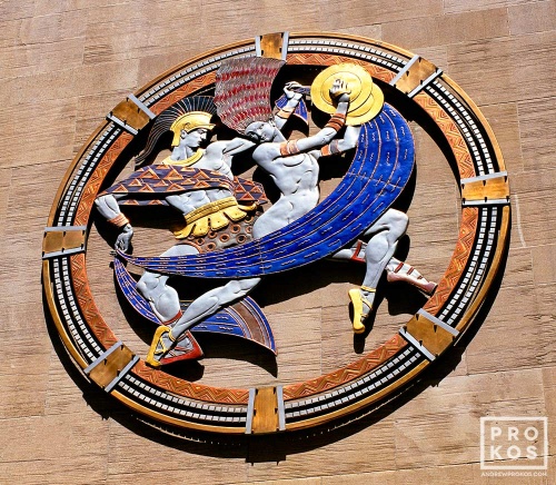 An art deco rondel representing Dance on the facade of Radio City Music Hall, New York City