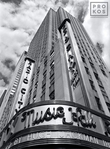A fine art architectural photograph of the facade of Radio City Music Hall in black and white, New York City. Fine art prints of this photo are available up to 60 inches and framed in various wood, metal, and acrylic styles.