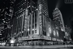 A black and white fine art photo of Radio City Music Hall at night, New York City