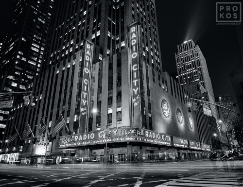 A black and white fine art photo of Radio City Music Hall at night, New York City
