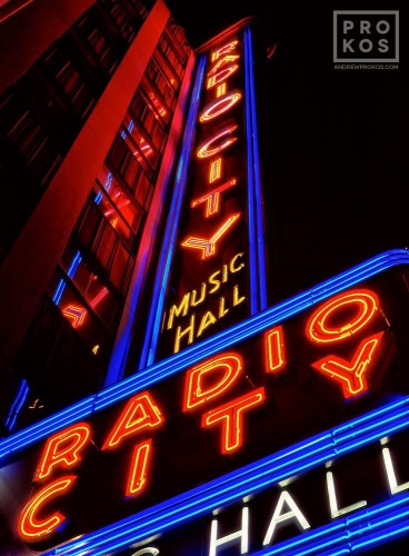 Neon signs of Radio City Music Hall at night, New York City