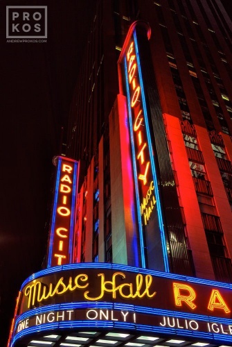 Night photography of the neon signs of Radio City Music Hall at night, New York City. Fine art prints of this photo are available up to 60 inches and framed in various styles.