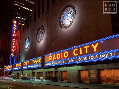 A view of Radio City Music Hall at night, New York City