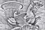 A black and white fine art photograph of the famous Rhyton statues at the Rayburn House Office Building in Washington DC.