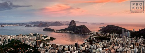 A panoramic view of Botafogo and the Sugarloaf Mount at dusk, Rio de Janeiro.