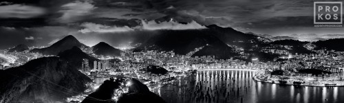 An ultra high-definition black and white panoramic photo of Rio de Janeiro at night from the Sugarloaf Mount (Pao de Acucar). Large-scale fine art prints of this photo are available up to 90 inches wide.
