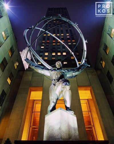 Night photography of the famous Art Deco Atlas statue at Rockefeller Center, New York City. Fine art prints of this photo are available up to 60 inches in height and framed in various styles.