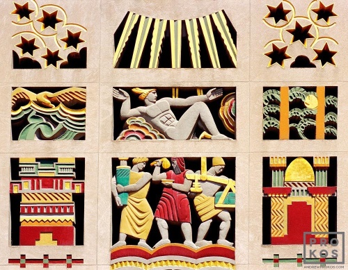 A polychrome Art Deco architectural detail from the "Story of Mankind" relief found at Rockefeller Center, New York City. Fine art prints of this photo are available in sizes up to 60 inches and framed in wood, metal, and acrylic styles. 