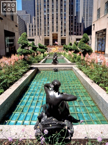 A high-definition architectural photo of the Channel Gardens at Rockefeller Center in New York City. Fine art prints of this photo are available framed in various styles. 