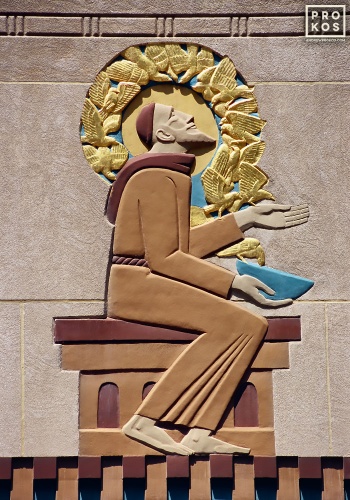 Close up view of an Art Deco architectural detail from the "Saint Francis with Birds" relief at Rockefeller Center, New York City. Fine art prints of this photo are available framed in various styles.