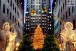 A photo of Rockefeller Center's famous lighted Christmas angel decorations, New York City