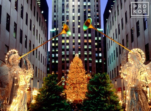 A photo of Rockefeller Center's famous lighted Christmas angel decorations, New York City