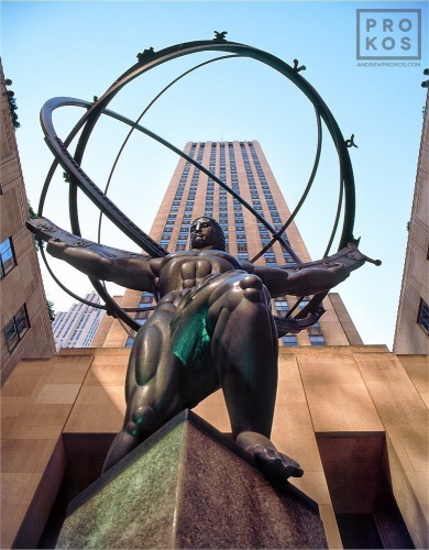 A photo of Rockefeller Center's famous Atlas statue during the day, New York City. Framed fine art prints of this photo are available in sizes up to 60".