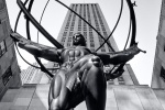 A black and white fine art photo of the Art Deco Atlas statue at Rockefeller Center, New York City