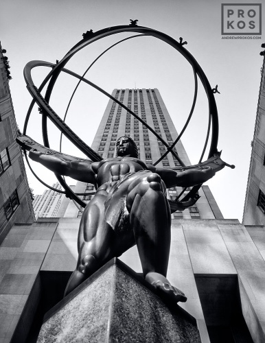 A black and white fine art photo of the Art Deco Atlas statue at Rockefeller Center, New York City