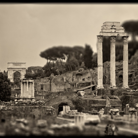 Ancient ruins in the Roman Forum, including the temples of Castor and Pollux, the temple of Venus, and the Arch of Septimus Severus. From the monochrome photo series "Forum Romanum".
