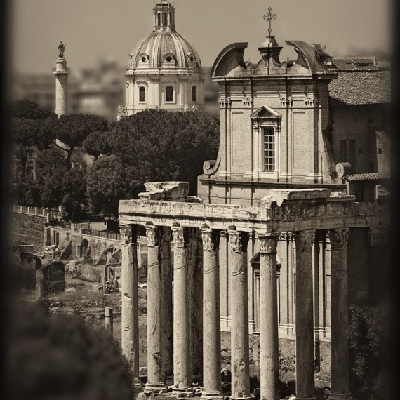 A view of the Temple of Antoninus and Faustina in the ancient Roman Forum. From the monochrome photo series "Forum Romanum".