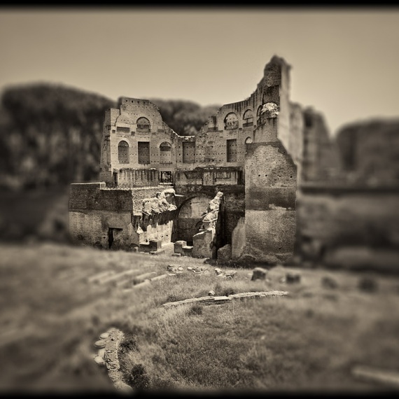 Ruins of the Domus Augustana on the Palatine Hill in Rome, Italy. From the monochrome photo series "Forum Romanum"