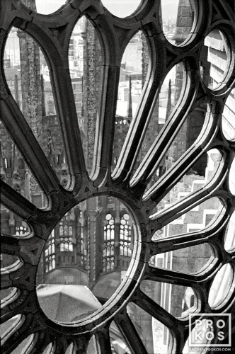 Black and white fine art photo of the rosette window in the Sagrada Familia church in Barcelona. Framed fine art prints of this photo are available in various sizes.