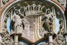 A close-up architectural detail with a shield and winged angels from Antoni Gaudi's Sant Pau Hospital, Barcelona, Spain. Fine art prints of this photo are available framed in various styles, please inquire. 