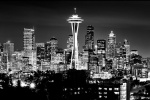 An ultra high-definition panoramic skyline of Seattle, Washington at night in black and white. Large-scale fine art prints of this photo are available up to 120 inches wide.