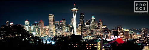 A high-definition panoramic skyline photo of Seattle, Washington at night. Large-scale fine art prints of this photo are available up to 120 inches in width.
