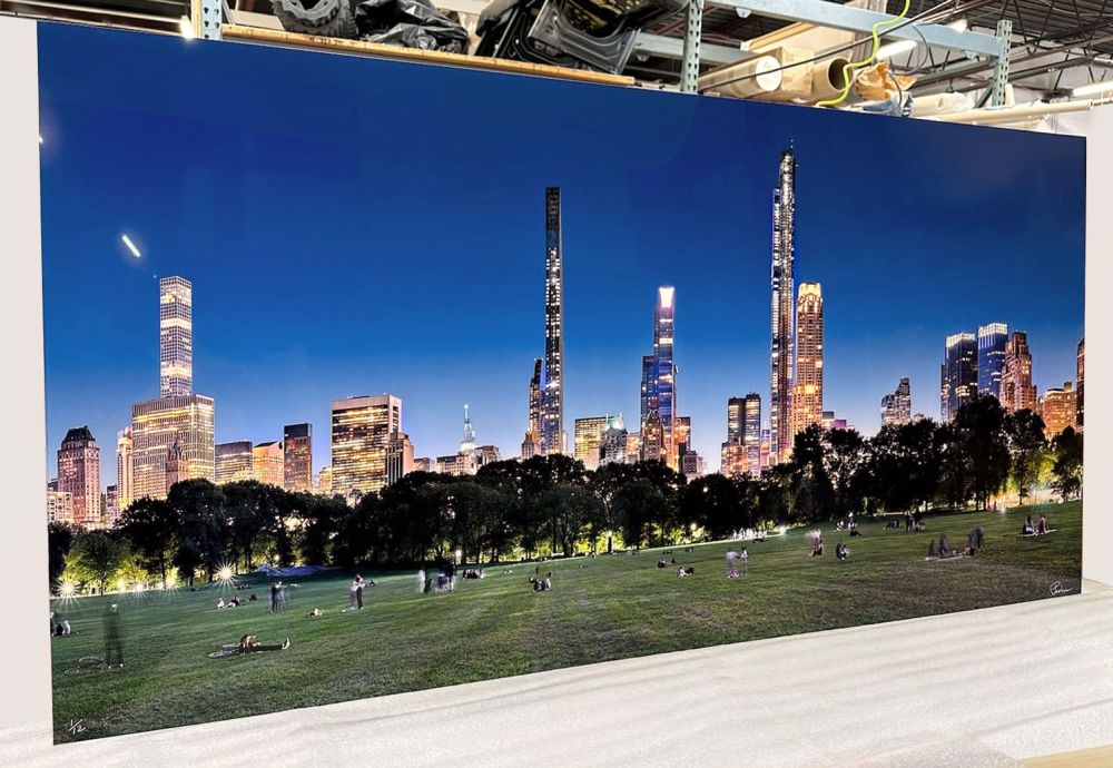 A 30x60 inch limited edition print of Sheep Meadow at Dusk by photographer Andrew Prokos. Framed with an acrylic float mount using museum grade TrueLife acrylic.