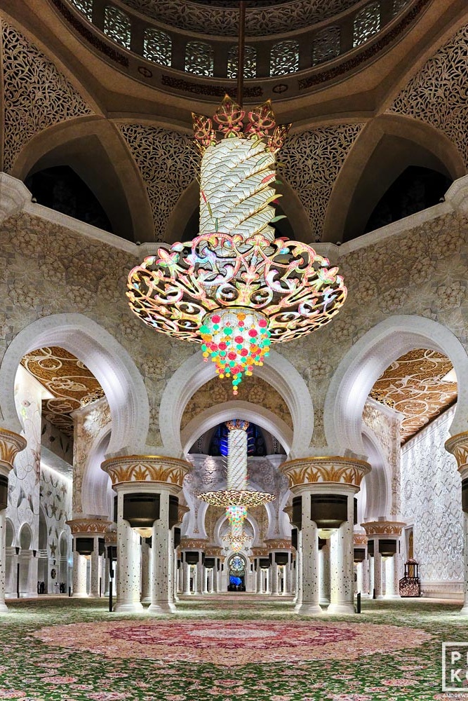 A view of the ornate interior of the Sheikh Zayed Grand Mosque in Abu Dhabi