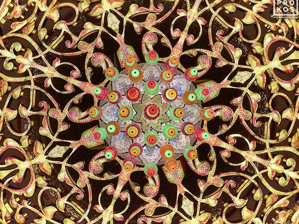 A close-up view of an ornate chandelier from Sheikh Zayed Grand Mosque in Abu Dhabi, UAE