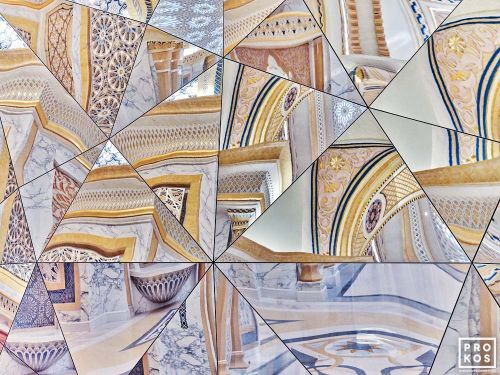 An ornate palace interior reflected in the shards of a mirror at Qasr al Watan, Abu Dhabi, United Arab Emirates