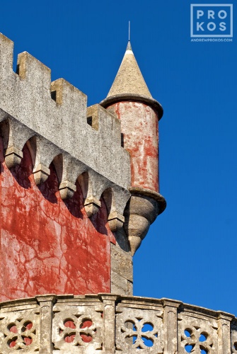 An architectural detail photo of a colorful turret from the Palacio da Pena in Sintra, Portugal. Fine art prints of this photo are available framed in various styles. 
