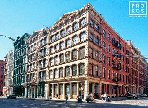 A wide angle view of the cast-iron loft buildings at the corner of Broome and Wooster Streets in Soho, New York City. Fine art prints of this photo are available framed in various styles, please inquire.