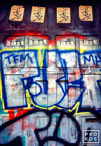 Graffiti and posters on a Soho loft building, New York City