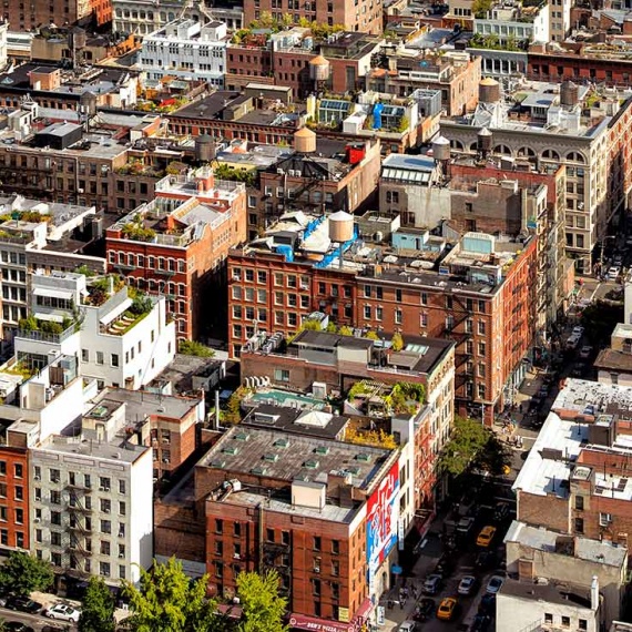An ultra-high-resolution panoramic view of the rooftops of SoHo NYC as seen from above, by photographer Andrew Prokos