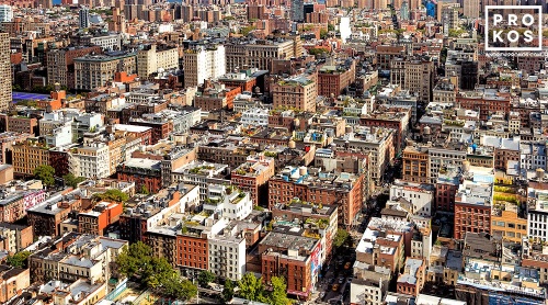 An ultra-high-definition panoramic city view of the rooftops of SoHo during the day, New York City