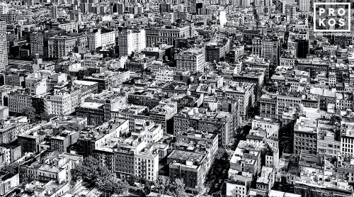 An ultra high-definition black and white cityscape of the rooftops of SoHo, New York City as seen from above. Large-scale fine art prints of this photo are available up to 90 inches wide.