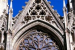 An architectural detail photo of the Gothic stonework from the facade of St. Patrick's Cathedral, New York City
