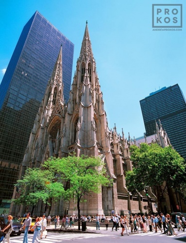 A high-definition color photo of Saint Patrick's Cathedral as seen from Fifth Avenue in New York City