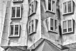 A black and white architectural photo of the Stata Center at the Massachusetts Institute of Technology by photographer Andrew Prokos