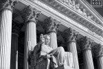 A black and white architectural photo of the facade of the US Supreme Court with the Contemplation of Justice statue in the foreground, Washington DC