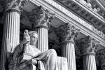 A black and white fine art architectural photo of the U.S. Supreme Court with the Contemplation of Justice statue, Washington DC