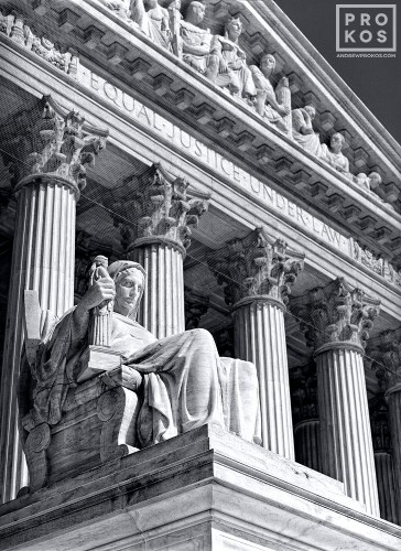 A black and white fine art architectural photo of the U.S. Supreme Court with the Contemplation of Justice statue, Washington DC