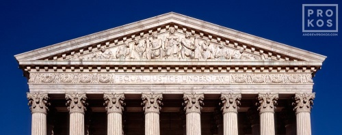 A panoramic architectural photo of the United States Supreme Court building's West Pediment, Washington DC