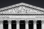 A black and white architectural panorama of the United States Supreme Court building's West Pediment, Washington DC