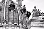 A black and white architectural photograph of the ornate cupola from the Theatro Municipal opera house in Rio de Janeiro. Fine art prints of this photo are available up to 50 inches in height and framed in various styles.