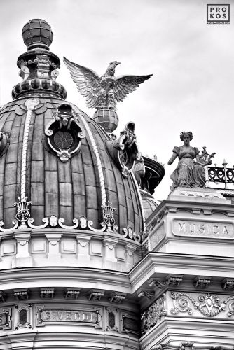 A black and white architectural photograph of the ornate cupola from the Theatro Municipal opera house in Rio de Janeiro. Fine art prints of this photo are available up to 50 inches in height and framed in various styles.